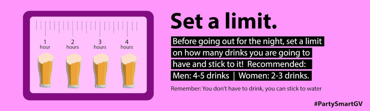 Set a limit. Before going out for the night, set a limit on how many drink you are going to have and stick to it! Recommended: Men 4-5 | Women 2-3